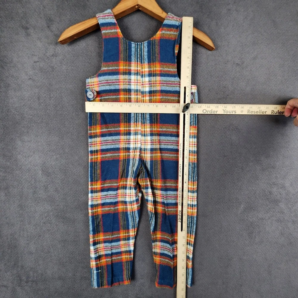 Vintage Corn Cobber Bib Overalls Kids 5 Blue Orange Plaid Retro 70s 80s Farm